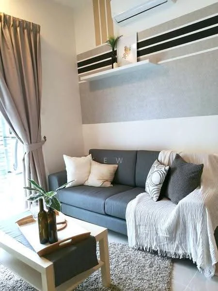 Living features: grey fabric sofa, white throw blanket, decorative cushions, wooden coffee table, green potted plant, wall-mounted shelf, light grey accent wall, curtains, air conditioning unit, floor-to-ceiling windows; style: modern.
