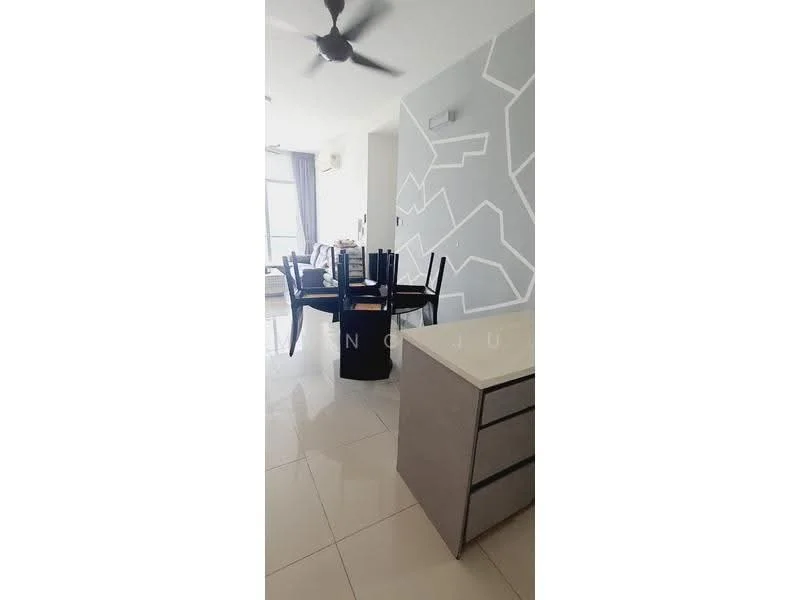 Dining features: dining table with chairs, ceiling fan, grey accent wall, white tiled flooring, large window with natural light, open layout to living area, decorative wall design, air conditioning unit; style: modern. Room features: white cabinetry, countertop, unknown appliances.