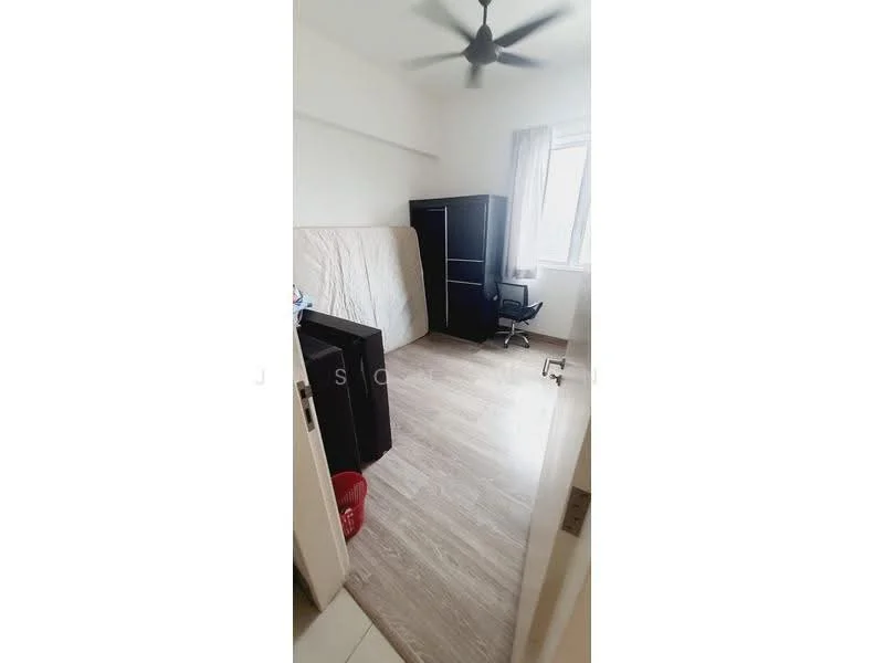 Room features: light wood laminate flooring, white painted walls, ceiling fan, large window with sheer curtains, black wardrobe, black study desk with chair, mattress on bed frame, waste bin; style: modern.