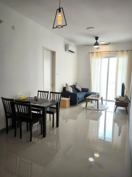 Living features: white painted walls, polished ceramic tile flooring, 5-blade ceiling fan with light, recessed downlights, sofa in navy blue, coffee table, TV console, wall-mounted TV, floor-to-ceiling sliding glass door, sheer curtains, decorative wall clock, area rug; style: modern; view: city. Dining features: 6-seater dining table, black dining chairs, fruit bowl on table; style: modern.