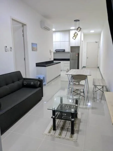 Living features: grey fabric sofa, glass coffee table, 2-seater dining table, 4 dining chairs, white walls, tile flooring, recessed LED downlights, wall-mounted air conditioning unit, kitchen island with black countertop, stainless-steel fridge, built-in kitchen cabinetry, open layout; style: modern.