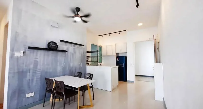 Living features: grey accent wall, white painted walls, polished tile flooring, 5-blade ceiling fan with light, dining table with four chairs, open kitchen layout, kitchen island, built-in cabinets, recessed lighting, sliding door to hallway; style: modern.
