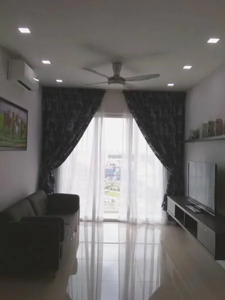 Living features: 3-seater fabric sofa in dark grey, floor-to-ceiling windows, sheer white curtains, dark blue patterned curtains, wall-mounted TV, TV console with storage, recessed LED downlights, 1 wall-mounted split AC, glossy tile flooring, framed artwork on wall, decorative items on shelves; style: modern; view: city.