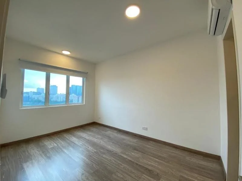 Bedroom features: white painted walls, wooden flooring, floor-to-ceiling windows, 2-window view, 1 wall-mounted split AC, recessed downlights, neutral color scheme; style: modern; view: city.