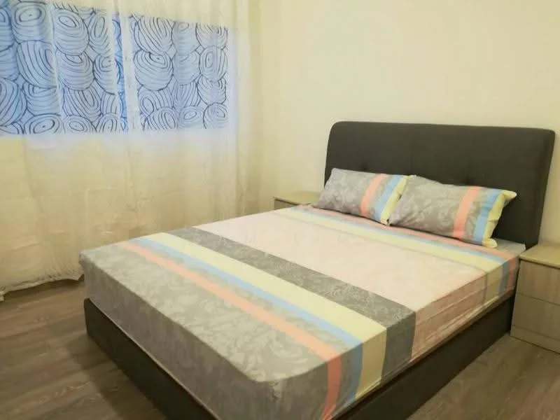 Bedroom features: queen-size bed, upholstered headboard, two decorative pillows, light-colored bed linens, wooden bedside tables, laminate flooring, curtains with abstract pattern, window with sheer curtains; style: modern.