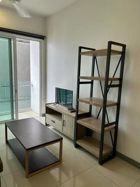Living features: floor-to-ceiling sliding glass door, light grey walls, white ceiling, recessed downlights, 3-blade ceiling fan, wooden coffee table, TV console with storage, small flat-screen TV, open shelving unit, tile flooring, balcony view; style: modern.