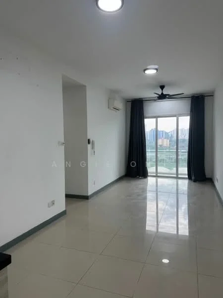 Living features: white painted walls, glossy ceramic tile flooring, 5-blade ceiling fan with light, floor-to-ceiling sliding glass door, blackout curtains, air conditioning unit, recessed LED downlights, city view; style: modern; view: city.