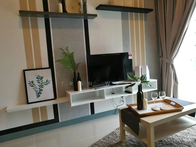 Living features: white wall with grey accent, decorative wall with vertical stripes, flat-panel white TV console, wall-mounted flat-screen TV, framed artwork, decorative plant in vase, glass coffee table, two wine glasses on table, curtains in light grey, tile flooring, shelving units above TV console; style: modern.