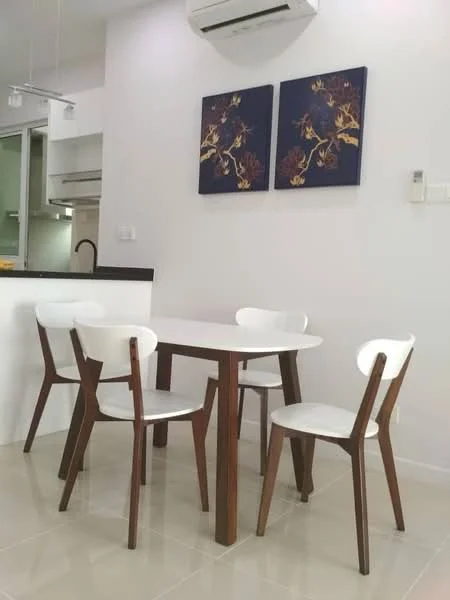 Dining features: white dining table, 4 white chairs with wooden legs, wall-mounted air conditioning unit, framed artwork on wall, white painted walls, glossy tile flooring, black countertop in background, open kitchen view; style: modern.