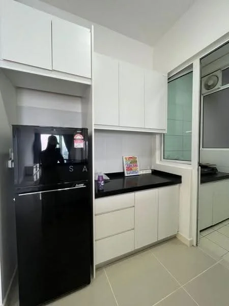 Kitchen features: black refrigerator, white cabinetry with upper cabinets, black countertop, ceramic tile flooring, glass window, built-in kitchen area, splashback, open shelving; style: modern.