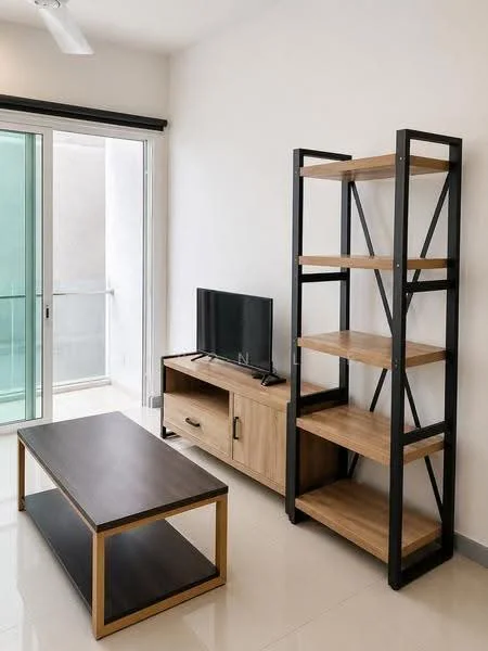 Living features: floor-to-ceiling sliding glass door, light-colored walls, polished tile flooring, 3-seater wooden coffee table with black frame, TV console with wood finish and single drawer, wall-mounted TV, open shelving unit with wooden shelves and black metal frame, ceiling fan; style: modern.