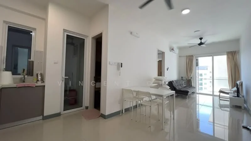 Living features: floor-to-ceiling windows, sliding glass door, 3-seater fabric sofa in grey, TV console, wall-mounted TV, area rug, ceiling fan, recessed downlights, cream painted walls, polished tile flooring; style: modern; view: city. Dining features: 4-seater dining table, white chairs, open shelving, cream painted walls, polished tile flooring; style: modern. Kitchen features: kitchen island, stainless-steel sink, built-in cabinets, countertop, refrigerator, microwave, oven, polished tile flooring; style: modern.