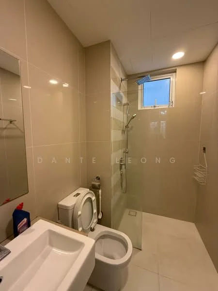 Bathroom features: white ceramic toilet, single-sink vanity with white cabinet, chrome basin mixer faucet, framed mirror, walk-in shower with glass enclosure, rain shower head, tile cladding on walls, white tile flooring, window for natural light, shower niche, towel rack; style: modern.