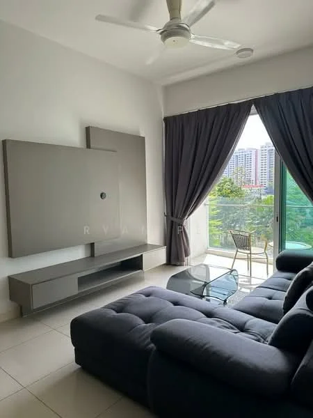 Living features: 3-seater fabric sofa in dark grey, glass coffee table, wall-mounted TV unit in grey, floor-to-ceiling windows, curtains in dark grey, ceiling fan with light, white painted walls, tile flooring, outdoor view of city skyline; style: modern; view: city.