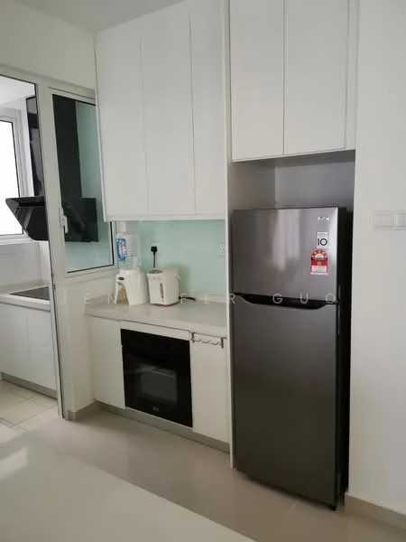 Kitchen features: white shaker cabinets, light green backsplash, stainless-steel fridge, built-in oven, ceramic cooktop, white countertop, single-bowl stainless-steel sink, chrome pull-down faucet, window with view, tile flooring, wall-mounted kitchen appliances, under-cabinet lighting; style: modern.