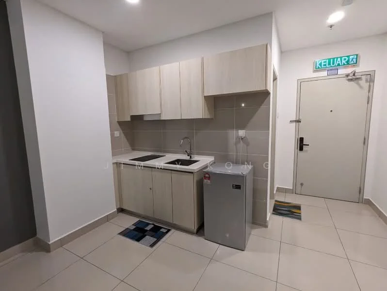 Kitchen features: light wood cabinetry, double-bowl stainless-steel sink, chrome pull-down faucet, grey tiled backsplash, white walls, ceramic tile flooring, built-in refrigerator, countertop with space for appliances, under-cabinet lighting, door to hallway, floor mat; style: modern.