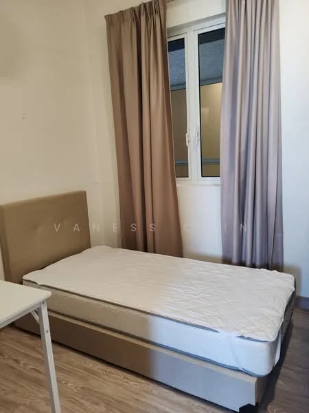 Bedroom features: single bed, upholstered headboard, wooden flooring, cream painted walls, floor-to-ceiling window, sheer curtains, brown curtains, white mattress, study desk, minimalist decor; style: modern.