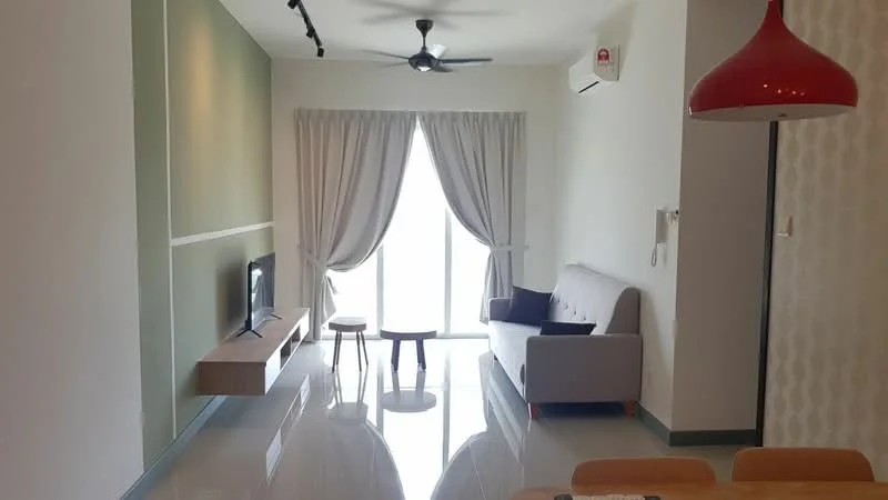 Living features: grey fabric sofa, wooden coffee table, wall-mounted TV, light green accent wall, white painted walls, sliding glass door, floor-to-ceiling curtains, ceiling fan, glossy tile flooring, air conditioning unit; style: modern.