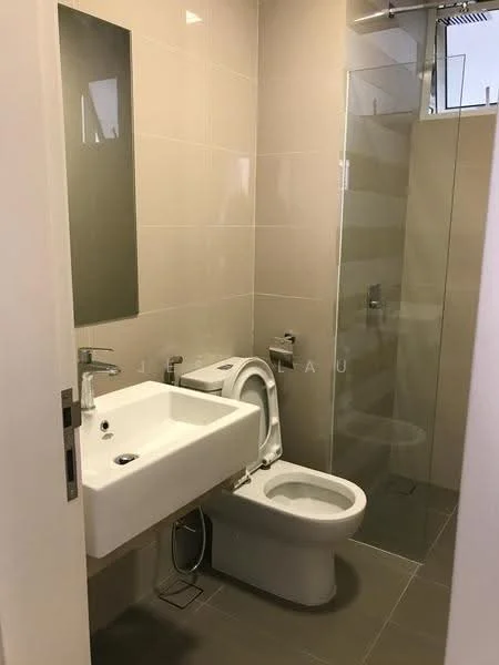 Bathroom features: white ceramic toilet, single-sink vanity with wall-mounted faucet, mirror above sink, glass shower enclosure, chrome shower head, tiled walls in beige, grey tile flooring, wall-mounted towel rack; style: modern.