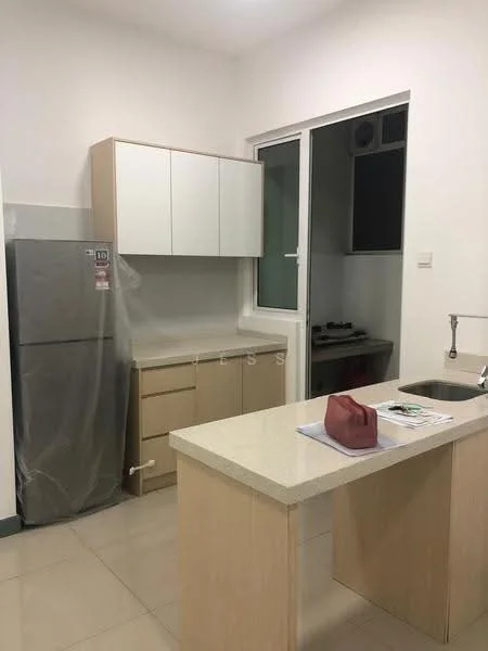 Kitchen features: white cabinetry, light wood cabinetry, stainless-steel fridge, granite countertop, single-bowl stainless-steel sink, chrome pull-down faucet, built-in gas stove, tile backsplash, window with view, light-colored tile flooring; style: modern.
