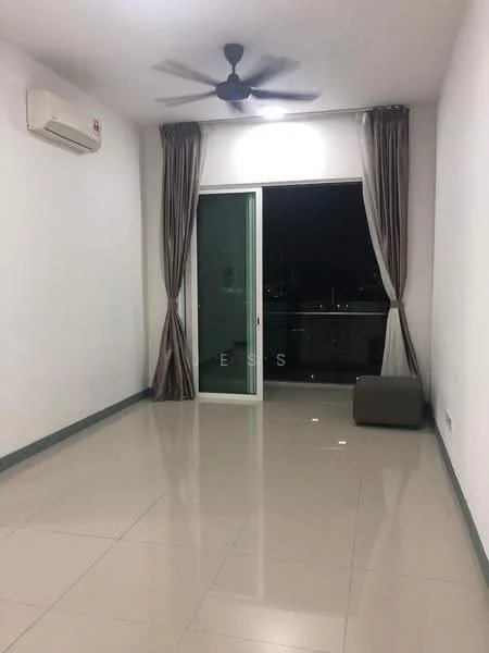 Living features: white painted walls, glossy ceramic tile flooring, 5-blade ceiling fan with light, floor-to-ceiling sliding glass door, sheer curtains, air conditioning unit, neutral-colored sofa, recessed lighting; style: modern; view: city.