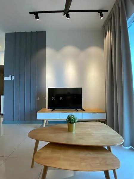 Living features: light grey painted walls, white ceiling, recessed LED downlights, track lighting, large window with sheer curtains, wooden coffee table, TV console, wall-mounted TV, decorative plant in ceramic pot, glossy tile flooring; style: modern.