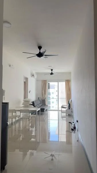 Living features: white painted walls, glossy tile flooring, 5-blade ceiling fan with light, sofa in grey, dining table with chairs, floor-to-ceiling windows, sheer curtains, TV console, wall-mounted TV, decorative wall clock; style: modern; view: city.