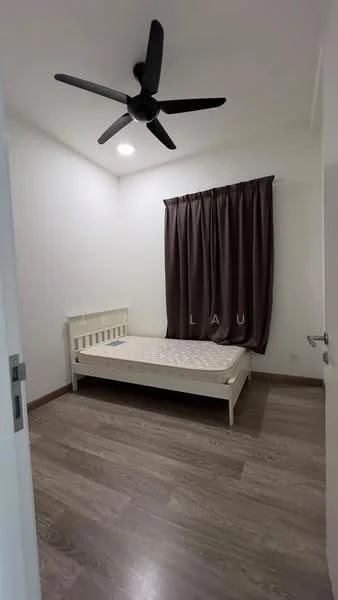 Bedroom features: single bed frame in white, mattress on bed frame, 5-blade ceiling fan with light, brown curtains, white painted walls, laminate flooring, recessed ceiling lights; style: modern.