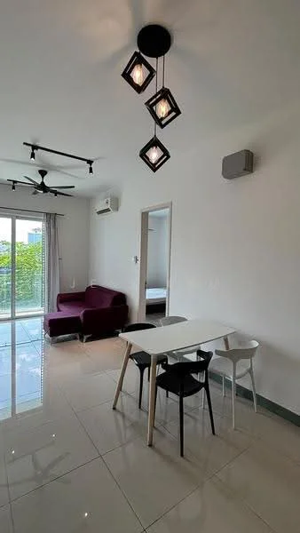 Dining features: white dining table, black dining chairs, white dining chair, 3-blade ceiling fan, pendant light fixture with three lamps, sliding glass door, floor-to-ceiling windows, grey tiled flooring, cream painted walls, sofa in burgundy, wall-mounted air conditioning unit; style: modern; view: garden.