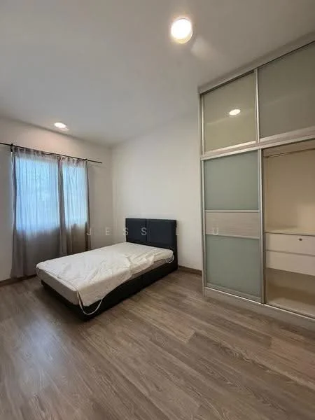 Bedroom features: queen-size bed frame without mattress, wooden flooring, white painted walls, floor-to-ceiling window with sheer curtains, built-in wardrobe with sliding glass doors, recessed downlights; style: modern.