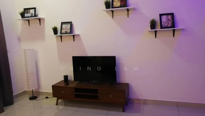 Living features: white painted walls, glossy ceramic tile flooring, wooden TV console, wall-mounted flat-screen TV, decorative wall shelves, framed photographs on shelves, small potted plants on shelves, floor lamp; style: modern.