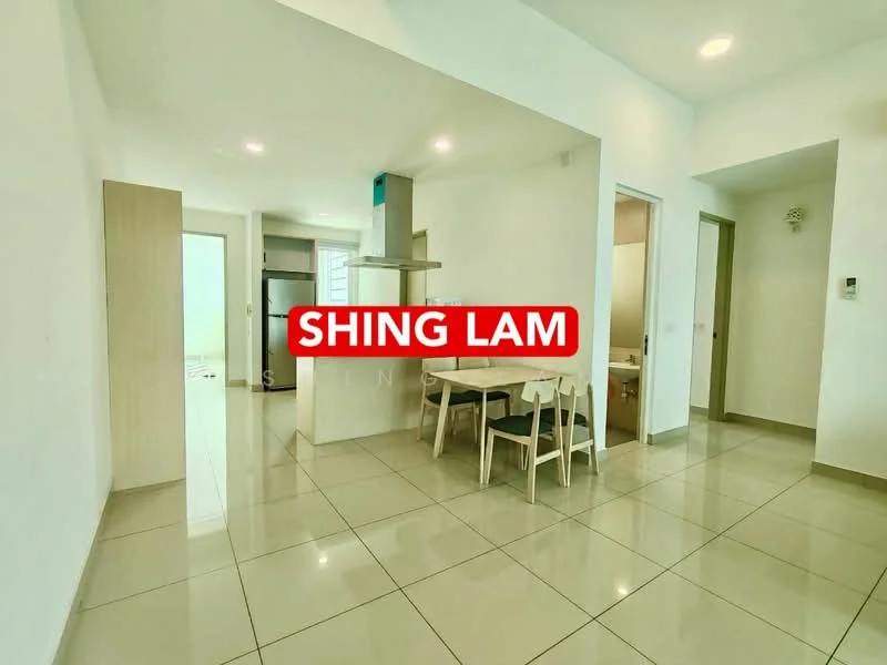 Dining features: white painted walls, glossy ceramic tile flooring, recessed downlights, dining table with four chairs, open layout to kitchen, kitchen island with seating, floor-to-ceiling windows, neutral color scheme; style: modern. Kitchen features: white cabinetry, stainless-steel appliances, kitchen island, open-plan layout, glossy ceramic tile flooring; style: modern.