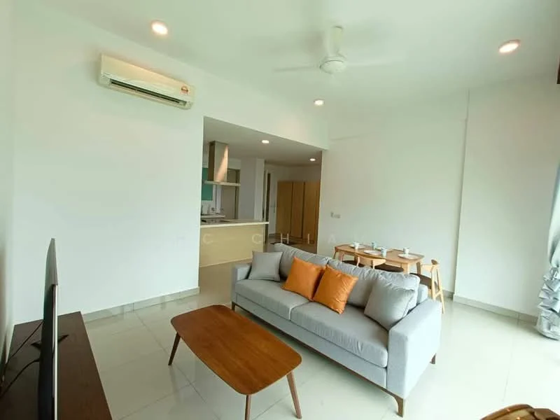 Living features: 3-seater fabric sofa in grey, orange decorative cushions, wooden coffee table, wall-mounted TV, floor-to-ceiling windows, light-colored tiled flooring, recessed downlights, 1 wall-mounted split AC; style: modern. Dining features: 4-seater dining table, light wood dining chairs; style: modern. Kitchen features: open-plan kitchen layout, kitchen island, built-in cabinetry, stainless-steel appliances; style: modern.