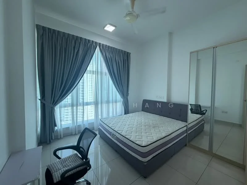 Bedroom features: queen-size bed, upholstered headboard, floor-to-ceiling windows, sheer curtains, grey curtains, mirror sliding wardrobe, white painted walls, polished tile flooring, ceiling fan, study desk, office chair; style: modern; view: city.