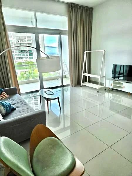 Living features: grey fabric sofa, round wooden coffee table, floor-to-ceiling windows, sheer curtains, white TV console, wall-mounted TV, glossy tile flooring, decorative floor lamp, green accent chair, open balcony view; style: modern; view: city.