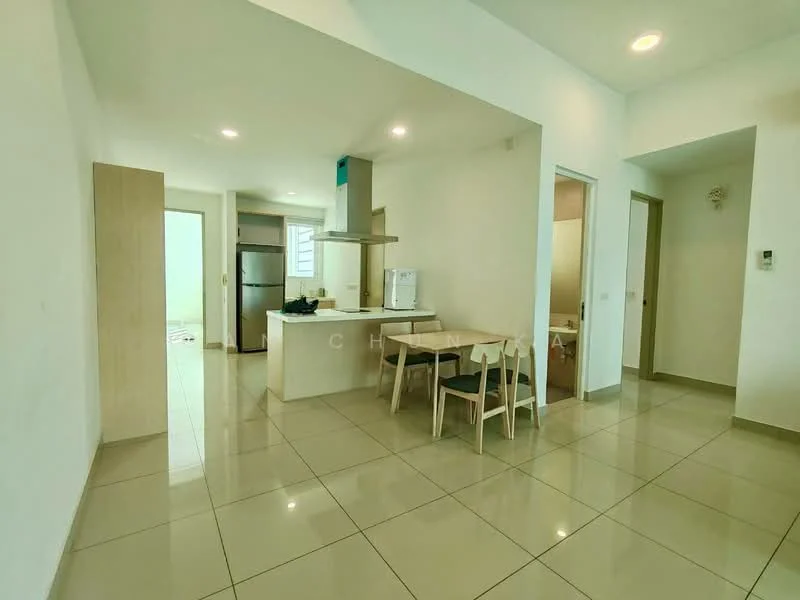 Kitchen features: white painted walls, glossy beige floor tiles, kitchen island with seating, stainless-steel range hood, built-in oven, refrigerator, single-bowl stainless-steel sink, chrome pull-down faucet, light-colored cabinetry, open layout to living area, recessed downlights; style: modern. Living features: glossy beige floor tiles, white painted walls, recessed downlights, open layout to kitchen, dining area with seating, large windows for natural light; style: modern. Bathroom features: white tiled walls, glossy beige floor tiles, shower area, toilet, vanity with mirror; style: modern.