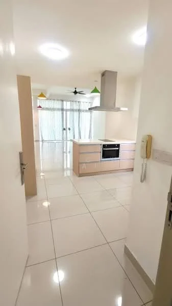 Kitchen features: white cabinetry, kitchen island, built-in oven, stainless-steel range hood, 4-burner gas hob, white tiled backsplash, marble tile flooring, recessed downlights, ceiling fan, floor-to-ceiling windows, sliding glass door, sheer curtains, pendant lights in green and red; style: modern; view: garden.