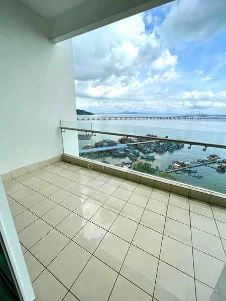 Room features: tiled flooring, glass railing, waterfront view, city skyline view, overhead clouds, outdoor space, balcony, open-air layout; style: modern; view: sea.
