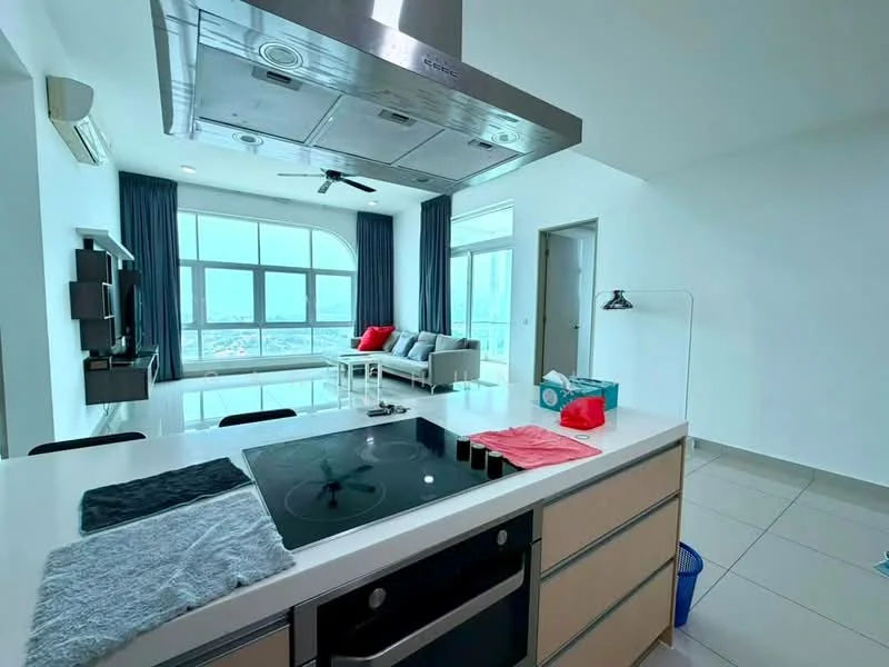 Kitchen features: island countertop with built-in cooktop, stainless-steel range hood, wood cabinetry, white quartz countertop, ceramic tile flooring, recessed downlights, wall-mounted split AC, open shelving, kitchen towels on countertop; style: modern; view: city. Living features: sofa with cushions, coffee table, TV console, floor-to-ceiling windows, curtains, area rug, wall-mounted TV; style: modern; view: city.