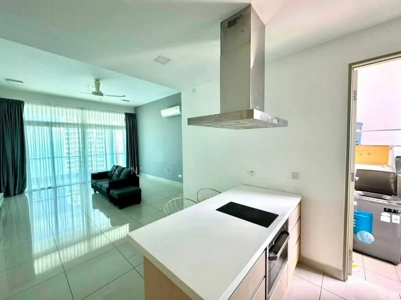 Kitchen features: white cabinetry, island countertop, built-in oven, stainless-steel range hood, induction cooktop, bar stools, recessed downlights, tile flooring; style: modern. Living features: black fabric sofa, floor-to-ceiling windows, curtains, ceiling fan, polished tile flooring, wall-mounted air conditioning unit; style: modern; view: city.