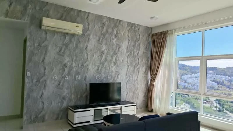 Living features: grey accent wall, floor-to-ceiling windows, city view, 3-seater fabric sofa, coffee table, TV console, wall-mounted TV, 1 wall-mounted split AC, recessed downlights, curtains, tile flooring; style: modern; view: city.