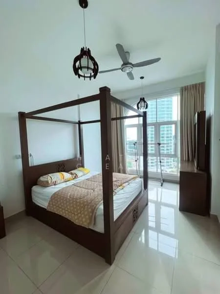 Bedroom features: four-poster bed with wooden frame, bedding with patterned duvet, two bedside tables, ceiling fan, large windows with city view, curtains, wall-mounted TV, glossy tile flooring, decorative pendant lights; style: modern; view: city.