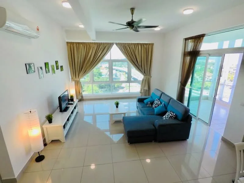 Living features: 3-seater fabric sofa in blue, coffee table, TV console, wall-mounted TV, floor-to-ceiling windows, sheer curtains, drapes, ceiling fan, recessed downlights, white painted walls, glossy tile flooring, decorative wall art, indoor plants; style: modern; view: city.
