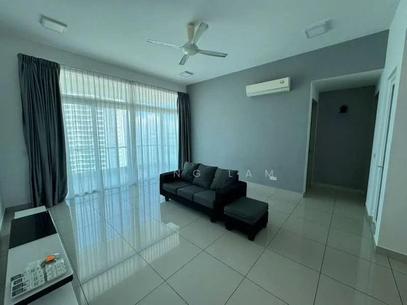 Living features: grey painted walls, white ceiling, 5-blade ceiling fan, floor-to-ceiling windows, sheer curtains, sliding glass door, porcelain tile flooring, black fabric sofa, coffee table, TV console, wall-mounted TV, decorative wall clock; style: modern; view: city.