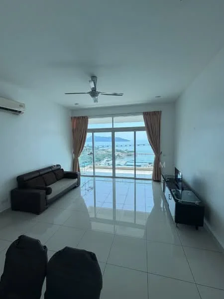 Living features: 3-seater fabric sofa in brown, floor-to-ceiling windows, city view, white painted walls, glossy ceramic tile flooring, ceiling fan, wall-mounted TV, curtains, air conditioning unit; style: modern; view: city.
