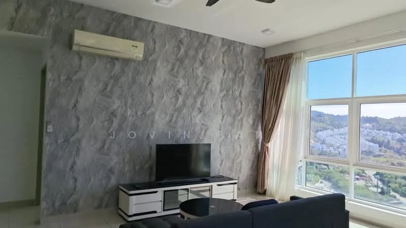 Living features: grey accent wall, floor-to-ceiling windows, curtains, 3-blade ceiling fan, wall-mounted split AC, flat-panel TV, TV console, coffee table, sofa in dark color, tile flooring; style: modern; view: city.