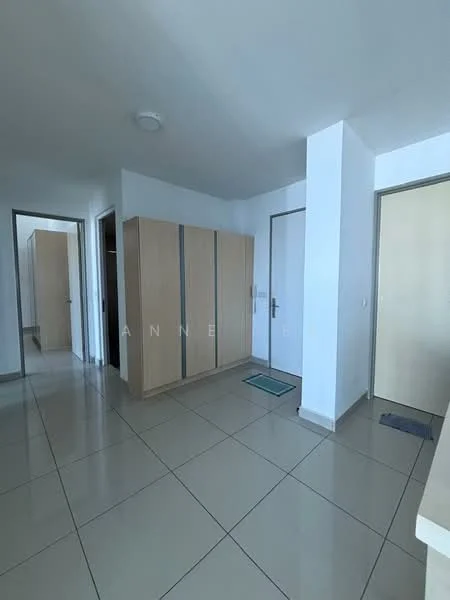 Room features: white painted walls, glossy tile flooring, built-in wardrobe with sliding doors, main entrance door, door to adjacent room, door to hallway, light fixture on ceiling, neutral color scheme; style: modern.