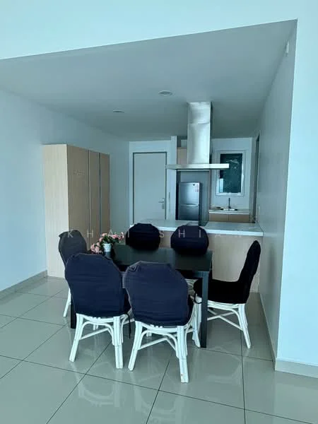 Dining features: black dining table, 6 upholstered dining chairs with white frames, light-colored cabinetry, stainless-steel range hood, built-in refrigerator, white walls, glossy tile flooring, large window with natural light; style: modern.