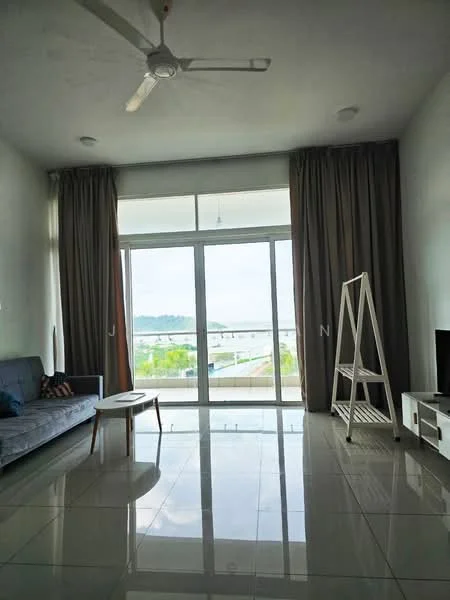 Living features: grey fabric sofa, wooden coffee table, floor-to-ceiling windows, sheer curtains, dark brown curtains, white wall, polished tile flooring, ceiling fan with light, TV console, wall-mounted TV, decorative shelving unit; style: modern; view: city.