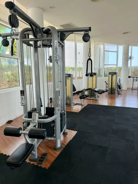 Gym features: multi-station gym equipment, weight stack, adjustable bench, cardio machines, rubber flooring, large windows, natural light, mirrored wall; style: modern; view: garden.